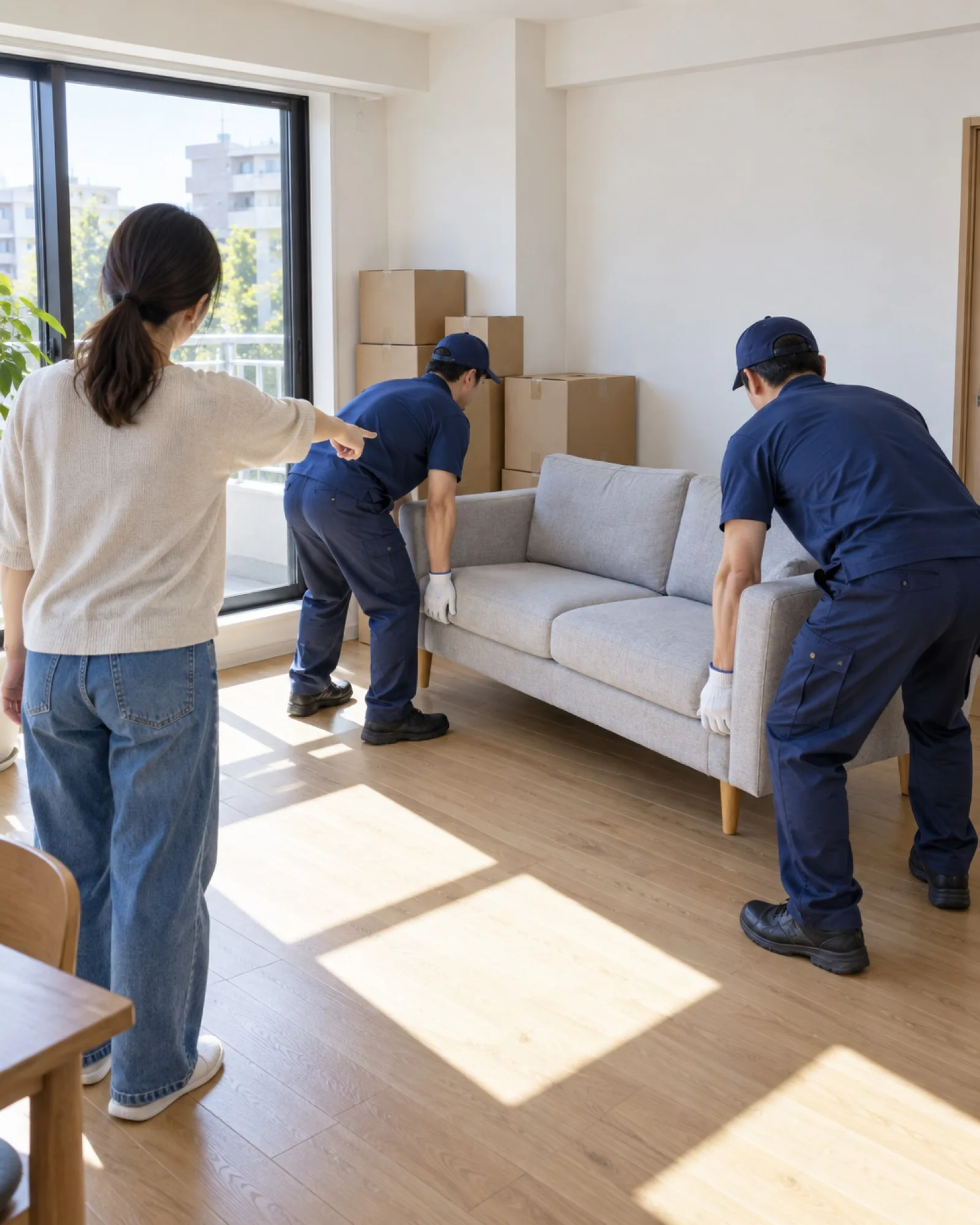 新しい部屋で、作業員がソファを指定の位置に置き、住む人と確かめている（イメージ・見本）