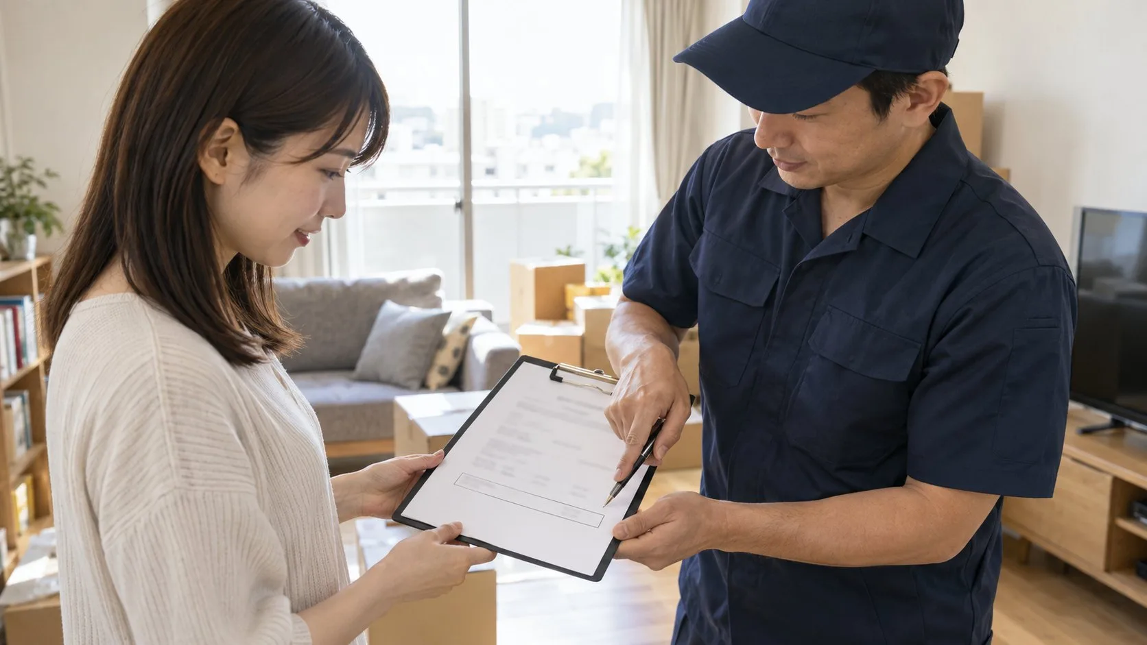 引越し前の部屋で、紺の作業着の見積もりの担当が、1枚の見積書の総額の行をペンで指して住む人に渡している（イメージ・見本）